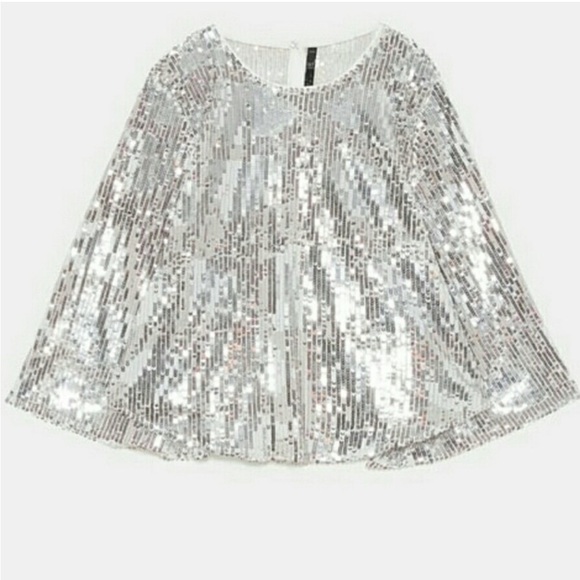 Zara trf collection Silver Sequins Disco Flowy Boho Blouse - Picture 7 of 16